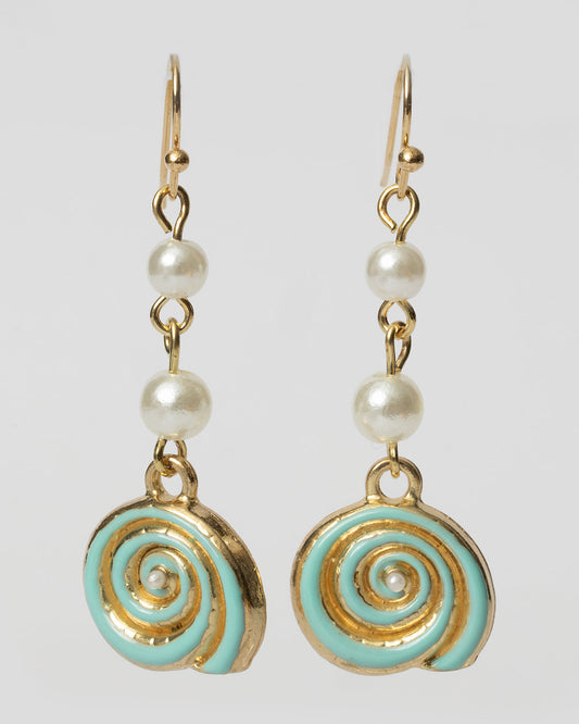 Gold Turquoise and Pearl Swirl Shell Earrings Coastal Cowgirl