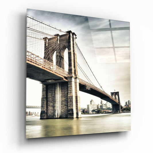 Sepia Brooklyn Bridge Tower Glass Wall Art