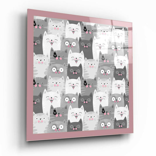 Gray Doodle Faces Pink Border Cats Glass Wall Art