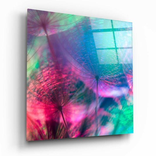 Rainbow Dandelion Seed Abstract Glass Wall Art