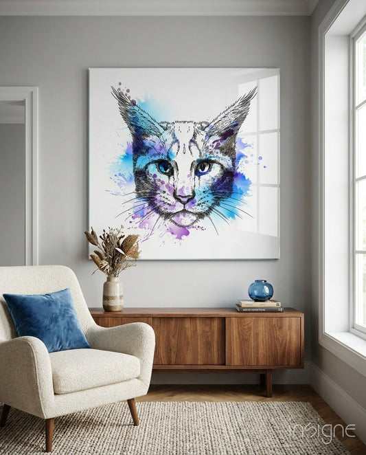 Blue Watercolor Sketch Cat Glass Wall Art