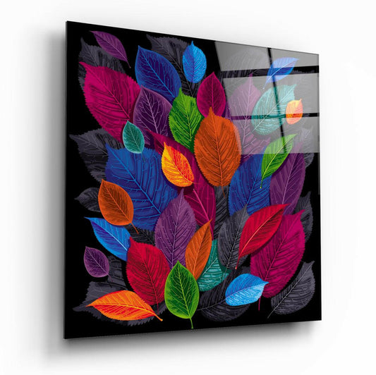 Jewel Tone Leaf Collage On Black Glass Wall Art