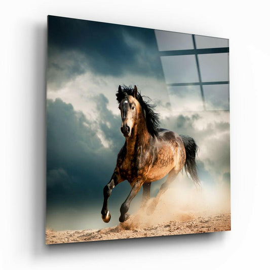 Chestnut Horse In Storm Dust Glass Wall Art