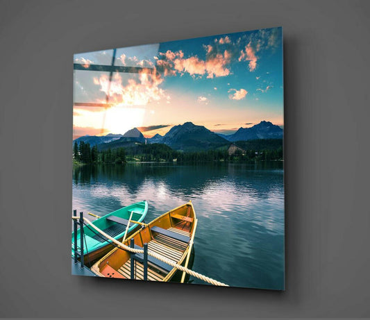 Two Canoes At Sunrise Mountain Lake Glass Wall Art