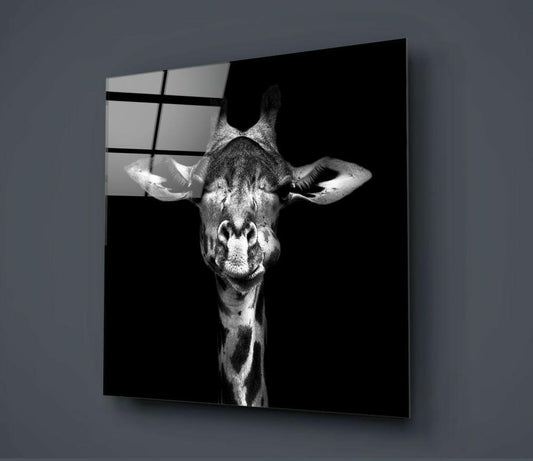 Black and White Giraffe Portrait Glass Wall Art