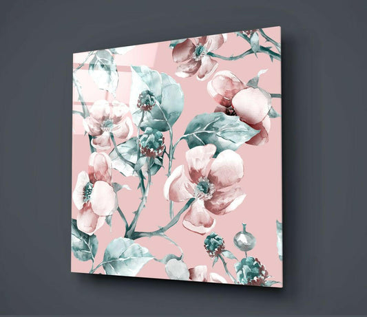 Pink Teal Wild Rose Glass Wall Art