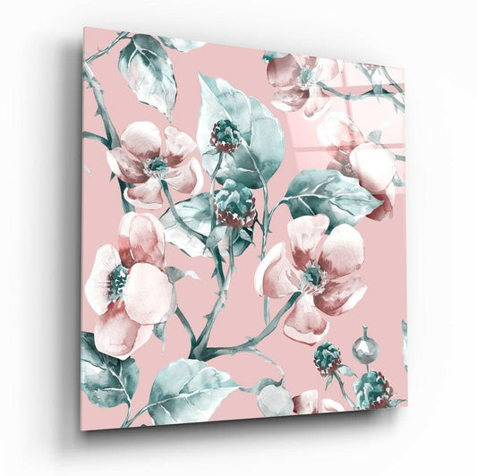 Pink Teal Wild Rose Glass Wall Art