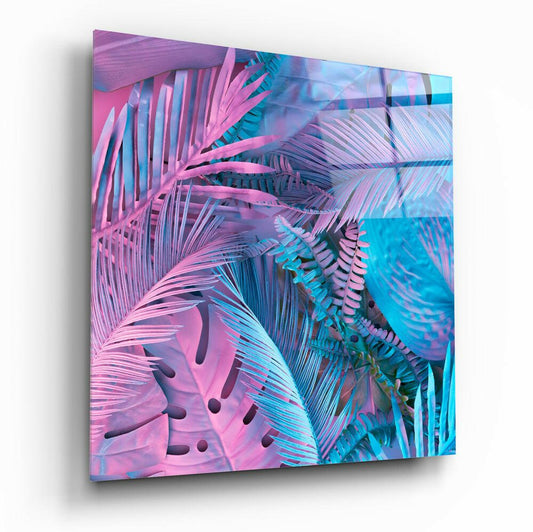 Neon Pink And Blue Palm Tropical Leaves Glass Wall Art