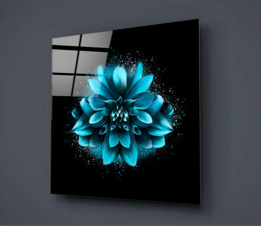 Turquoise Dahlia Burst on Black Glass Wall Art