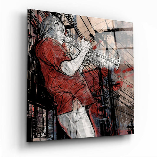 Red Sketch Street Trumpet Player Glass Wall Art