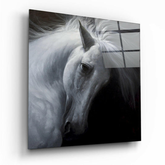 Windswept White Horse Glass Wall Art