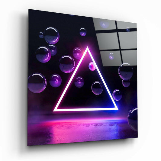 Neon Triangle Purple Spheres Glass Wall Art
