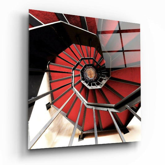 Red Spiral Staircase Above View Glass Wall Art