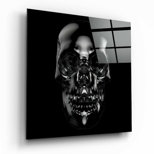 Glossy Black Chrome Skull Glass Wall Art