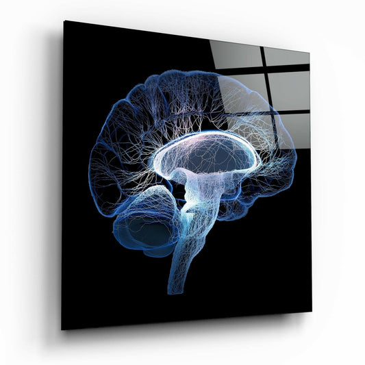 Blue Wireframe Brain Side View Glass Wall Art