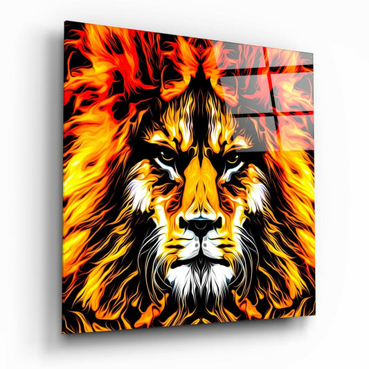 Fiery Flame Mane Lion Glass Wall Art