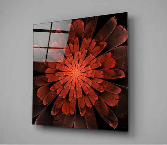 Red Layered Fractal Bloom Glass Wall Art