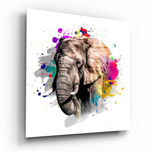 Paint Splash Elephant Head White Glass Wall Art