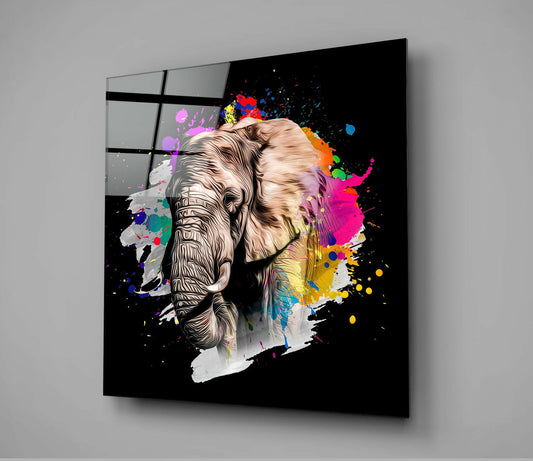 Paint Splash Elephant Head Black Glass Wall Art