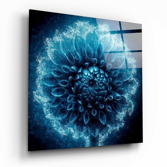 Frosted Blue Dahlia Glass Wall Art