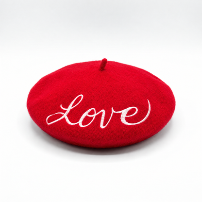 Love Embroidered Beret in Red