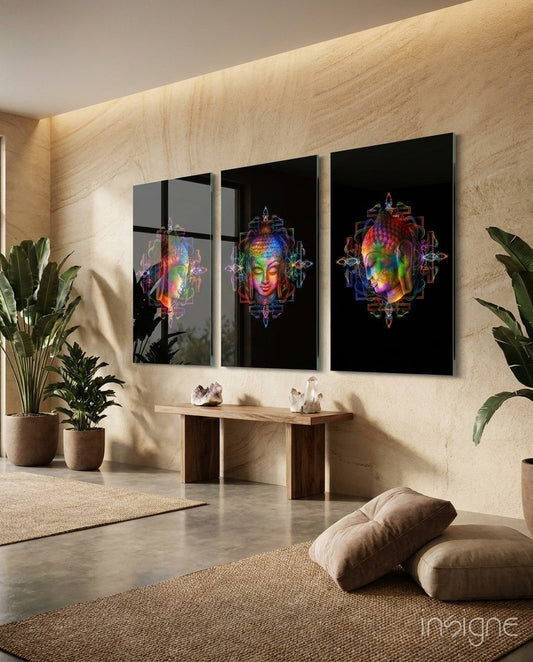 Neon Rainbow Buddha Head Trio Glass Wall Art