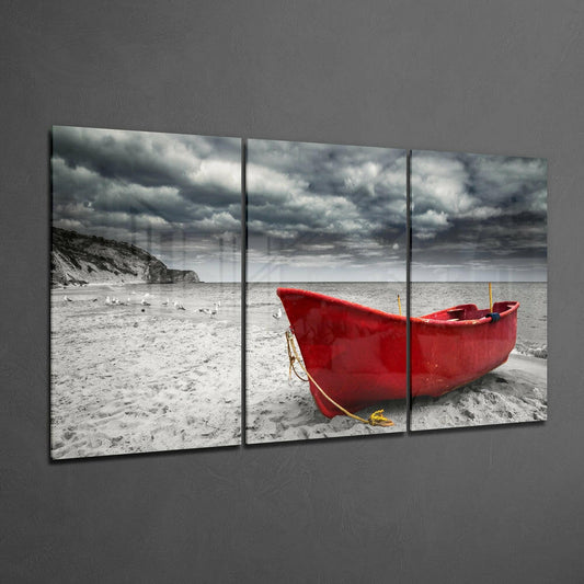 Red Rowboat On Stormy Grey Beach Glass Wall Art