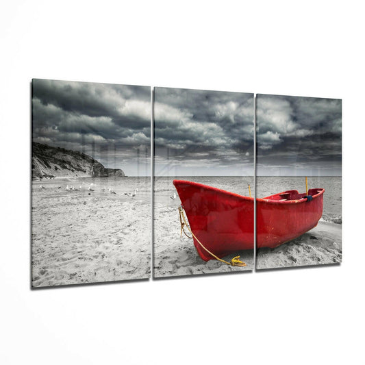 Red Rowboat On Stormy Grey Beach Glass Wall Art