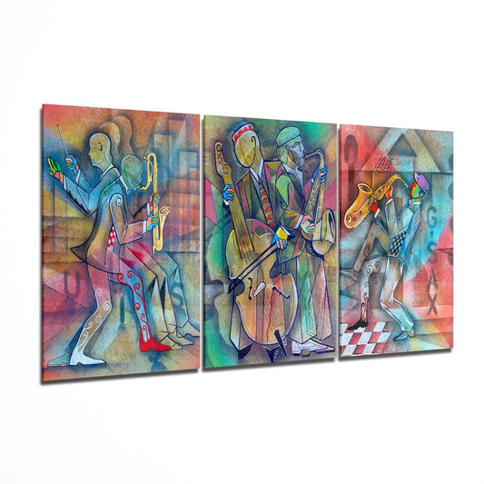 Colorful Cubist Jazz Band Musicians Glass Wall Art