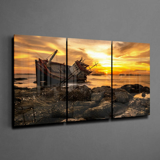 Shipwreck Golden Sunset Rocky Shore Glass Wall Art