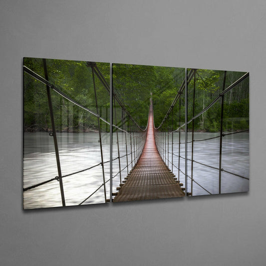 Red Rope Bridge Over River Glass Wall Art