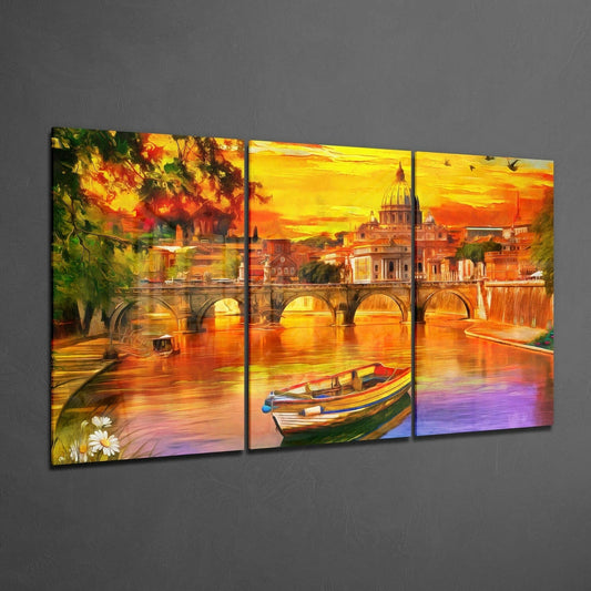 Riverside City Sunset Triptych Glass Wall Art