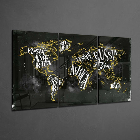 Typographic Continent Names World Map Glass Wall Art