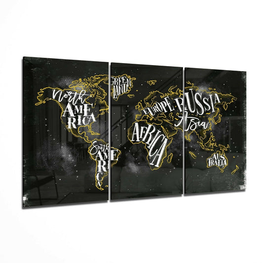 Typographic Continent Names World Map Glass Wall Art