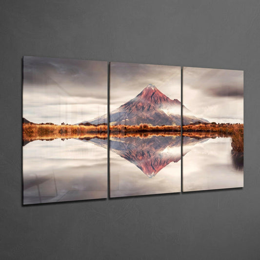 Triptych Volcano Reflection Cloudy Sky Glass Wall Art