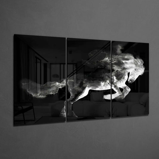 Black Smoke Horse Triptych Glass Wall Art
