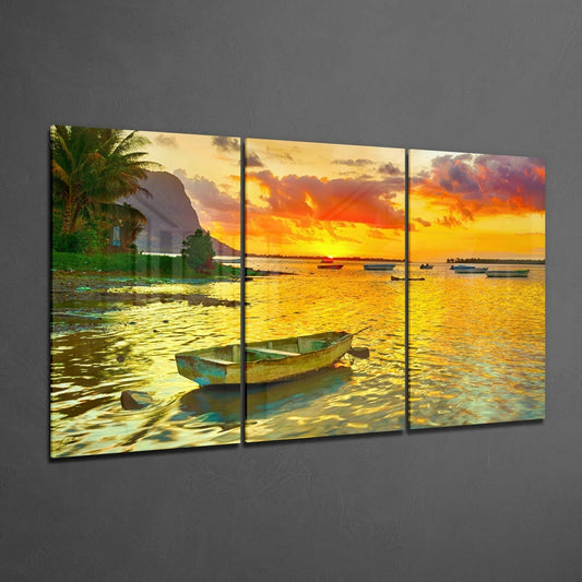 Sunset and Boat Glass Wall Art