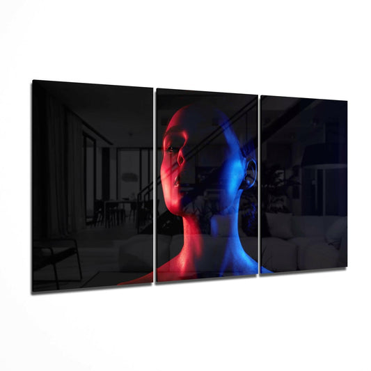 Split Red Blue Face Glass Wall Art