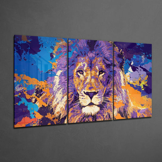 Purple Orange Splatter Lion Mega Glass Wall Art