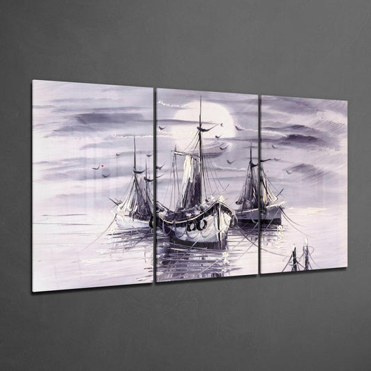 Lavender Gray Fishing Boats at Moonrise Glass Wall Art