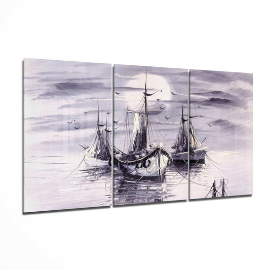 Lavender Gray Fishing Boats at Moonrise Glass Wall Art