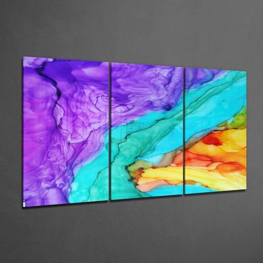 Purple Turquoise Ink Flow Glass Wall Art