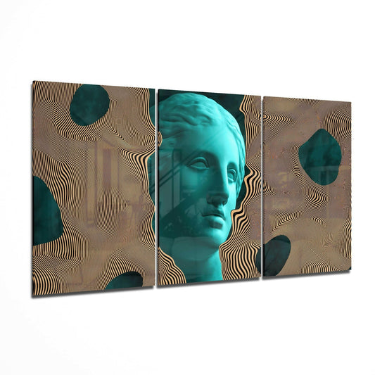Turquoise Bust Wavy Lines Glass Wall Art