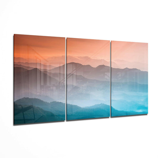 Orange And Teal Layered Misty Hills Glass Wall Art