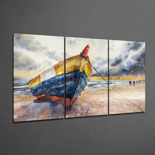 Watercolor Fishing Boat Beach Glass Wall Art