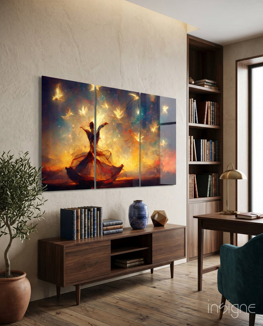 Fiery Sunset Dancer With White Doves Glass Wall Art
