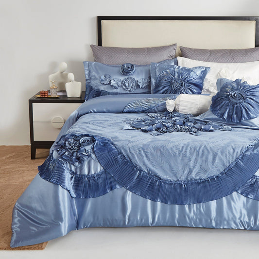 Tache Satin Floral Lace Ruffle Sweet Victorian Luxurious Blue Comforter Set (MZ002B)