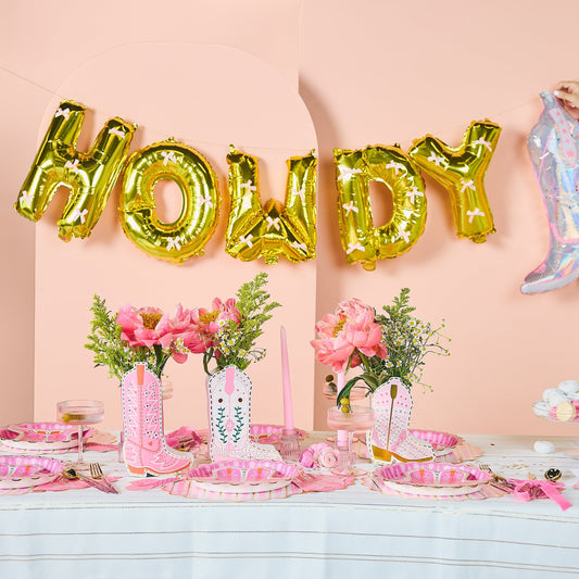 Howdy Darling Gold Balloon Banner with Pink Bows