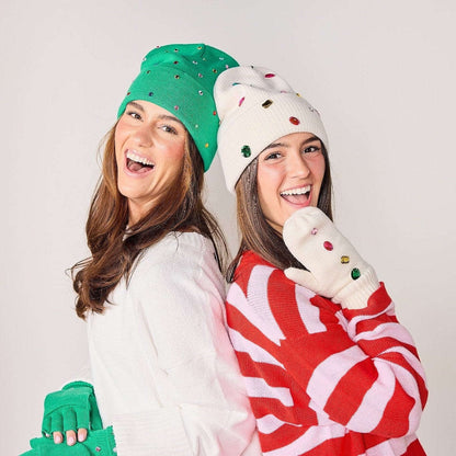Emerald Knit Rhinestone Beanie and Mittens Set Otarealm