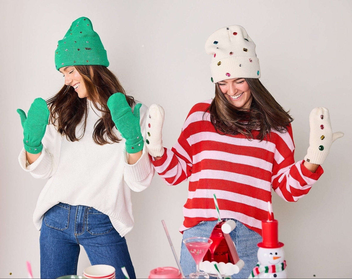 Emerald Knit Rhinestone Beanie and Mittens Set Otarealm